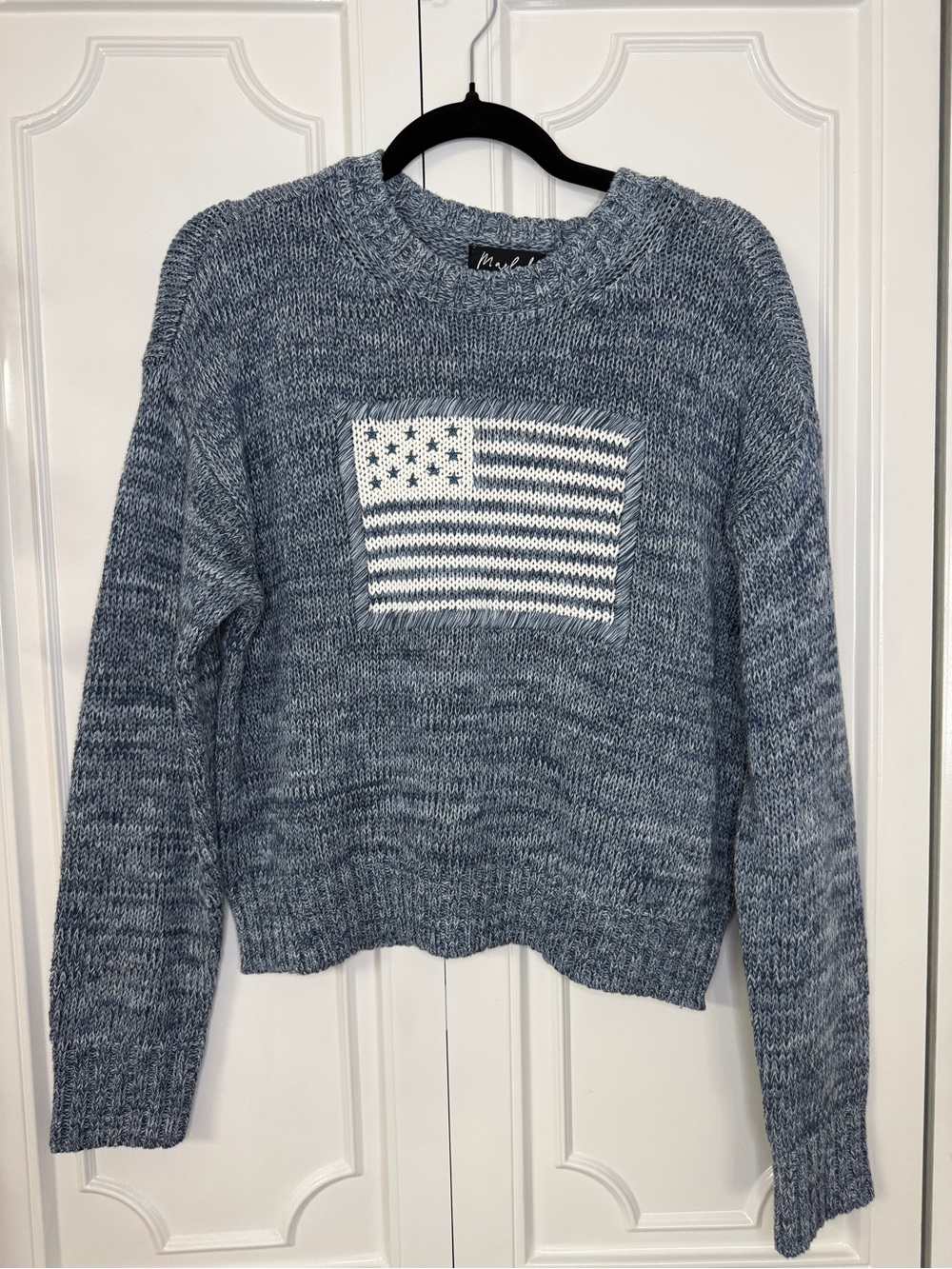 Marled Heathered Blue Crewneck Sweater with White Flag Patch